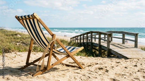 Relaxing Beach Scene with Wooden Deck and Lounge Chair.