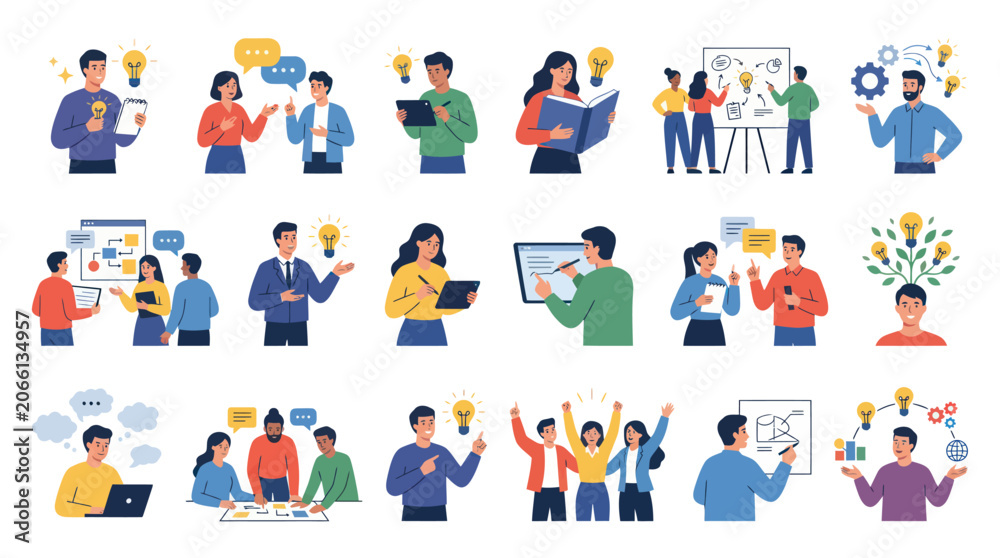Fototapeta premium Flat Design Business, Education Innovation Concepts: People, Ideas, Learning Collaboration Illustrations