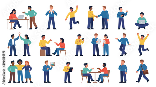 Diverse Business People, Students, and Workers in Flat Design Vector Illustration Set for Communication and Teamwork