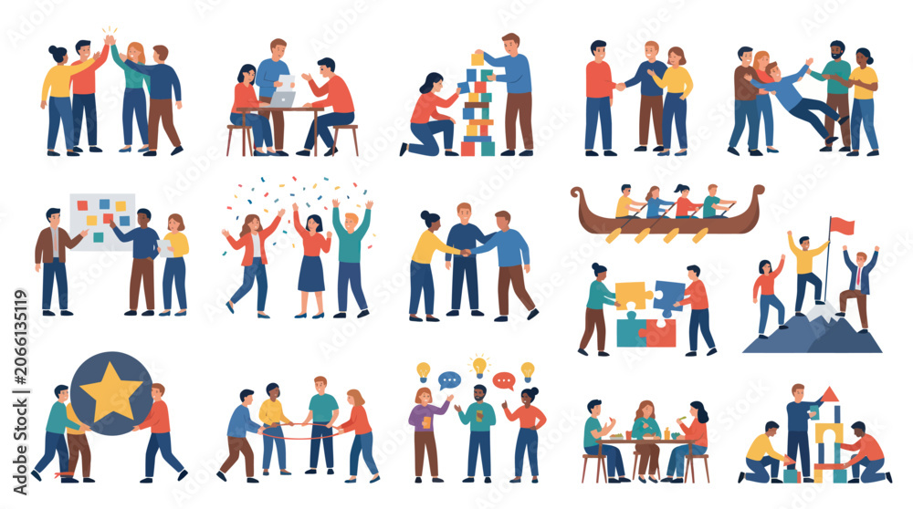 Fototapeta premium Flat Illustration of Diverse People Collaborating, Teamwork, Success, Business