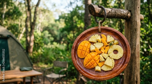 Outdoor Wooden Bird Feeder Filled with Fruit and Nuts in a Forest Setting.