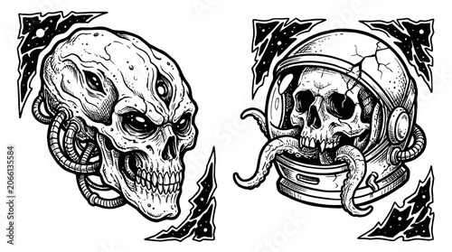 Quadro em tela Alien Skull and Astronaut Skull with Tentacles - Sci-Fi Horror Illustration