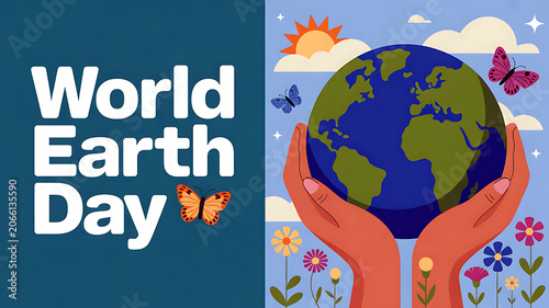World Earth Day Celebration: Hands cradle the Earth, symbolizing care and protection, surrounded by vibrant flora, butterflies, and a radiant sun.