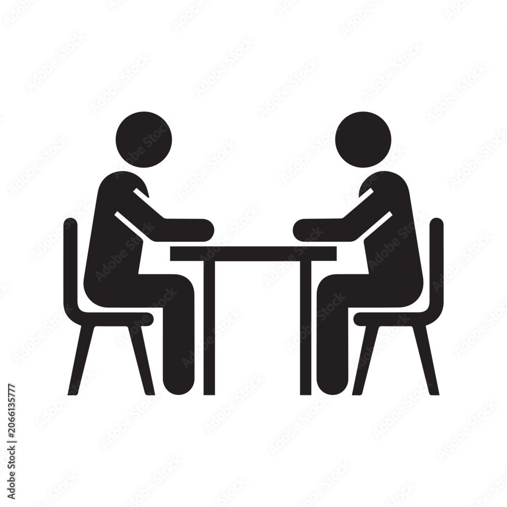 Fototapeta premium Job interview or business meeting icon. Silhouette of two people sitting across a desk table black vector symbol. 