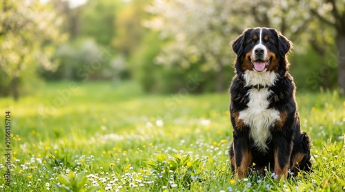 Happy bernese mountain dog sitting in a blooming spring field