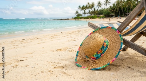 Relaxing Beach Scene with Sun Hat and Lounge Chair.