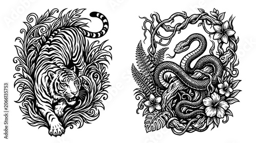Fotografie Tiger and Snake Tattoo Designs, Jungle Flora, Black and White