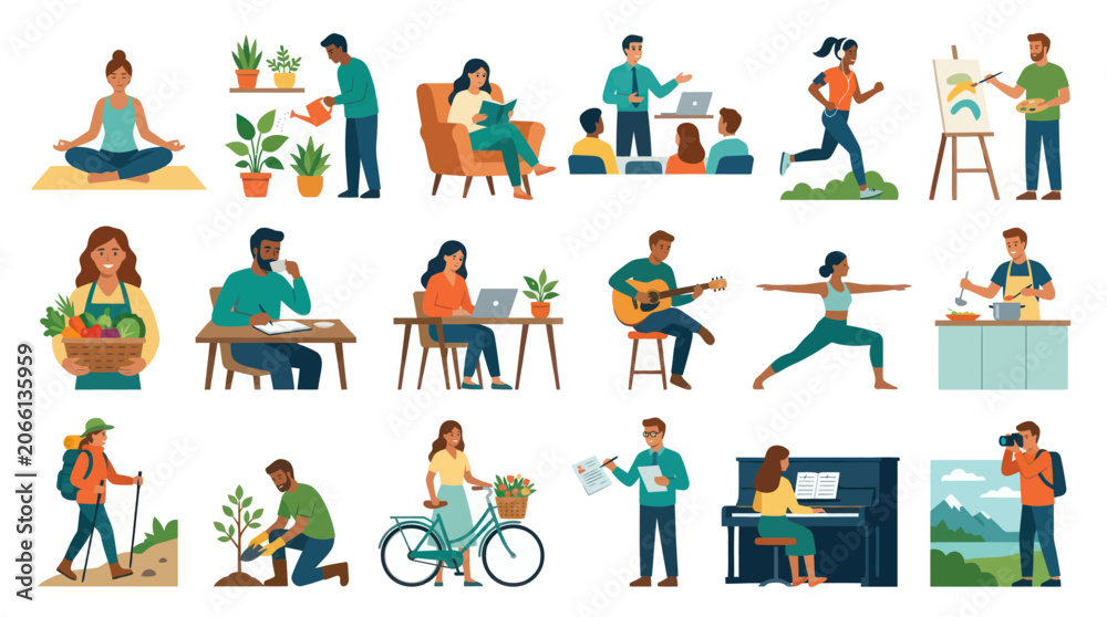 Fototapeta premium Flat vector illustration of people engaged in diverse lifestyle activities, hobbies, education, and wellness.