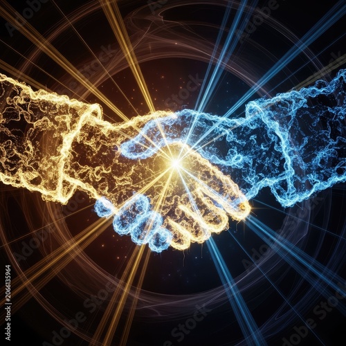 Abstract illustration of two hands shaking with bright glowing energy