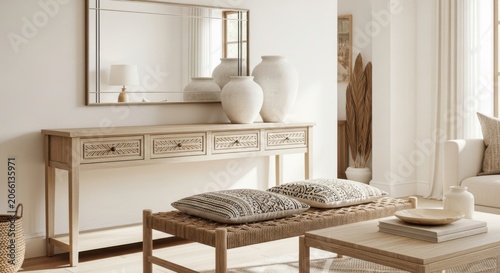 Bright and airy living room with a natural wood console table and woven bench