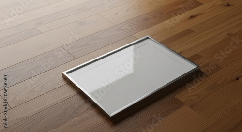 Empty silver picture frame resting on a warm wooden floor surface