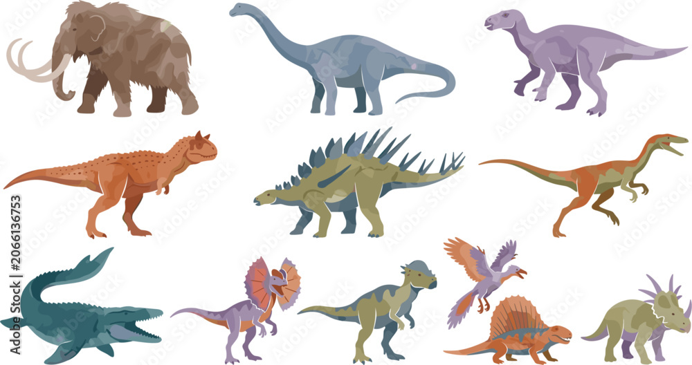 Obraz premium Prehistoric Life and Dinosaur Vector Clip Art Set Featuring Woolly Mammoth Brachiosaurus Stegosaurus Dilophosaurus and Ancient Marine Reptiles for Educational Graphic Designs