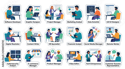Flat Design Icons of Diverse Tech Professionals and Their Roles