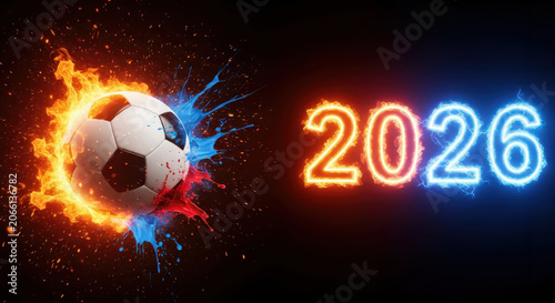 Dynamic Soccer Ball with Fire and Water Effects Next to Glowing 2026 Text for International Football Championship