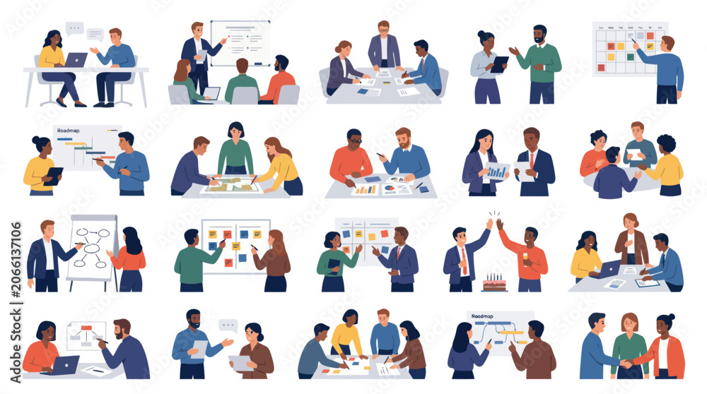 Fototapeta premium Modern Flat Business People Vector Illustrations: Teamwork, Meetings, and Collaboration in the Workplace