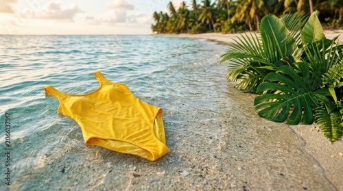 Yellow Inflatable Raft on Tropical Beach Shoreline.