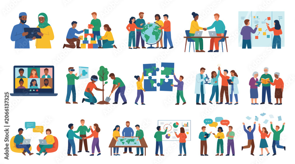Fototapeta premium Diverse Teamwork Collaboration Flat Vector Illustration Set for Business, Education Community Concepts