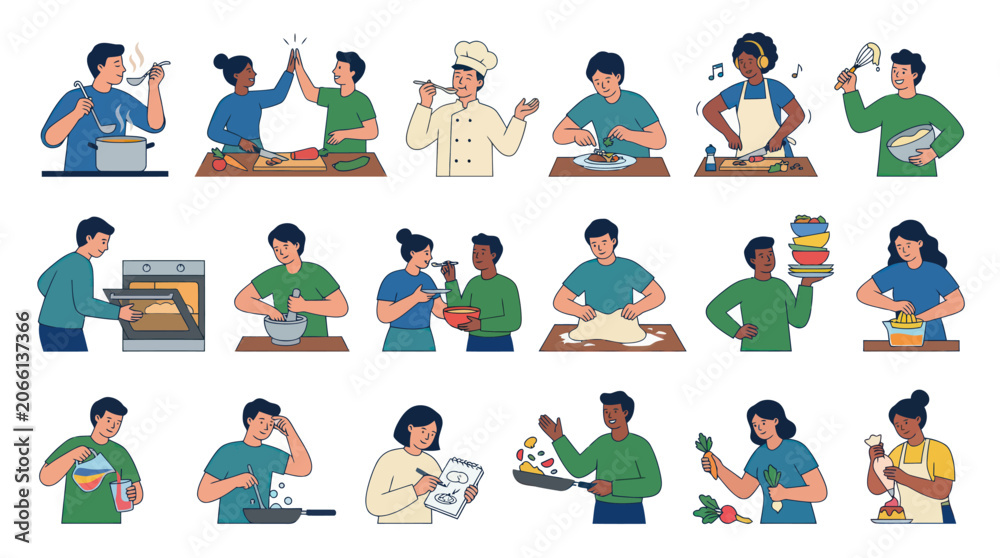 Fototapeta premium Cooking and Culinary Skills Flat Vector Illustration with Diverse People Preparing Food in Kitchen