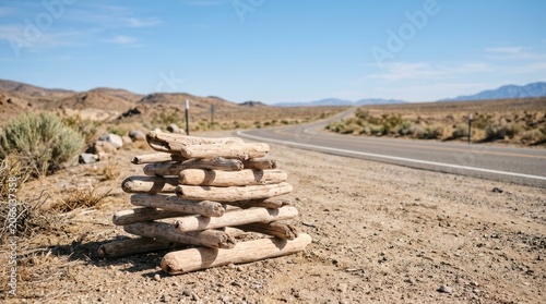 Desert Roadside with Rocky Bench and Open Sky.