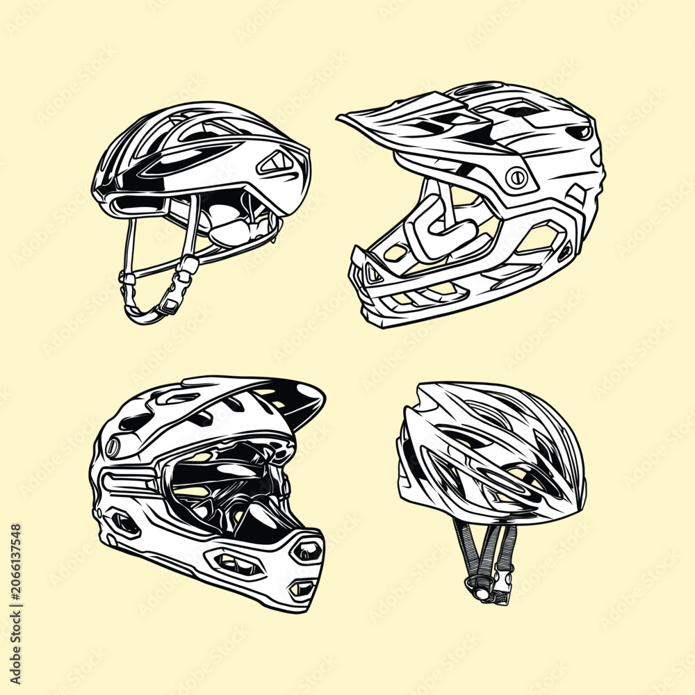 Naklejka premium Monochrome bicycle helmets vector illustration set