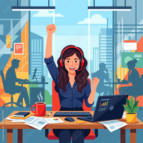 A cheerful customer service representative celebrates a successful call, raising her fist in triumph while working diligently in a bustling modern office environment.