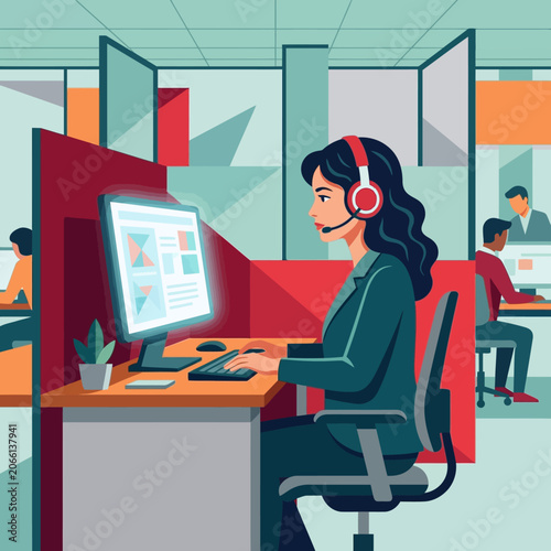 A dedicated female customer service representative wearing a headset provides professional support while working diligently at her computer in a modern office environment.