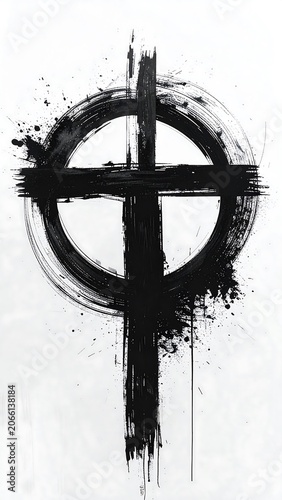 A black cross inside a circle with a paintbrush effect
