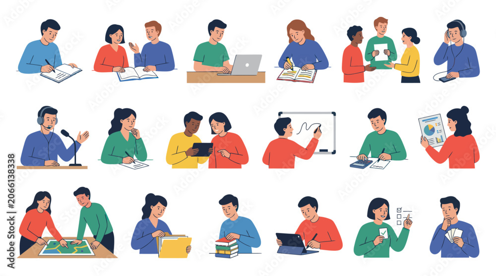 Fototapeta premium Education and Business Flat Illustration Set: Diverse People Studying, Learning, and Working Concepts