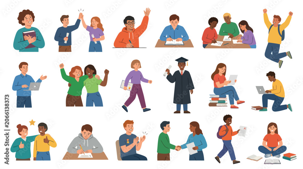 Fototapeta premium Flat Vector Illustration Set: Diverse Students Learning, Studying, and Achieving Academic Success.