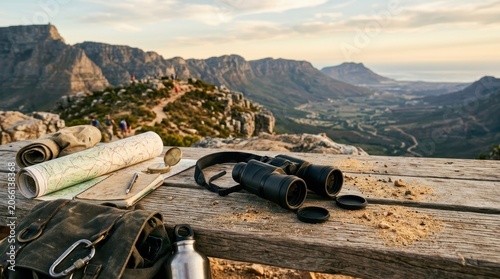 Scenic Mountain View with Binoculars and Map for Adventure Exploration.
