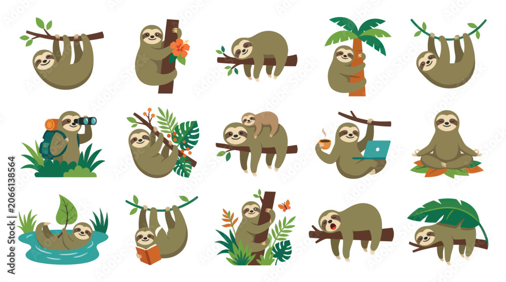 Fototapeta premium Flat illustration of cute sloths in various poses, nature, animals