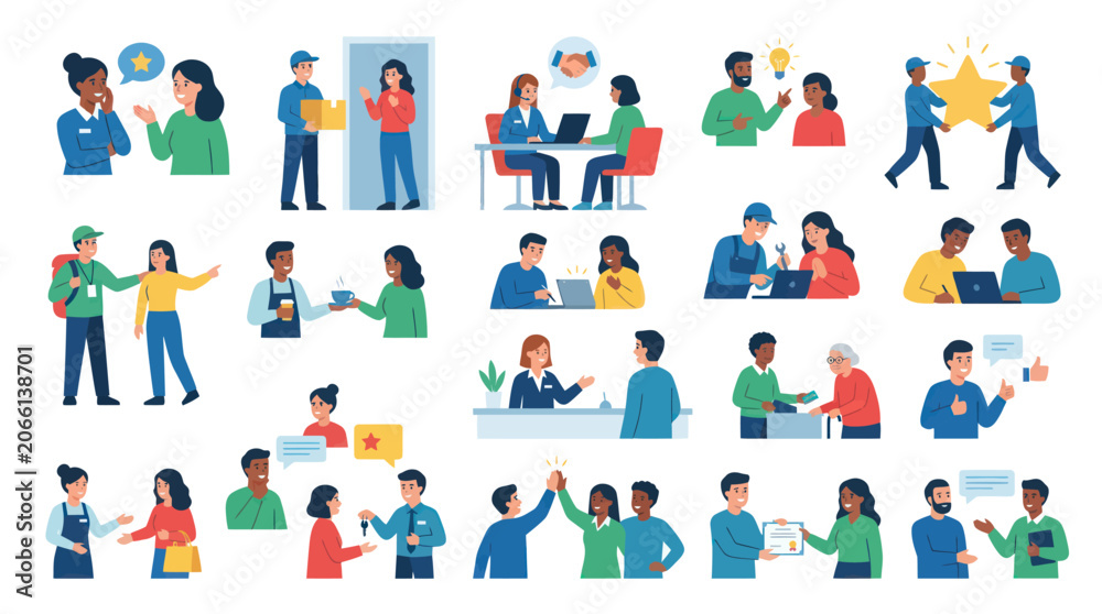 Fototapeta premium Flat Vector Illustration Set: Diverse People Interacting in Business, Communication, and Customer Service