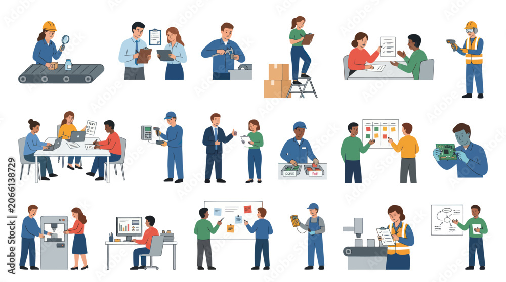 Fototapeta premium Flat Vector Illustration of Industrial Quality Control, Manufacturing, and Production Operations