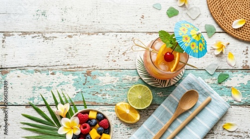 Colorful Summer Fruit Drink with Fresh Lemon and Tropical Decor on Rustic Table.
