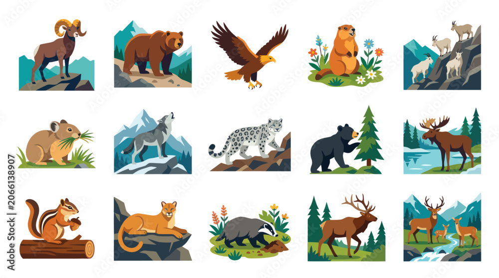 Obraz premium Flat Vector Illustrations of North American Mountain and Forest Wild Animals Collection