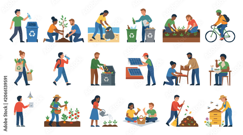 Fototapeta premium Sustainable Lifestyle Eco-Friendly Flat Design Illustrations. People Engaged in Green Activities: Recycling, Gardening, Environment.