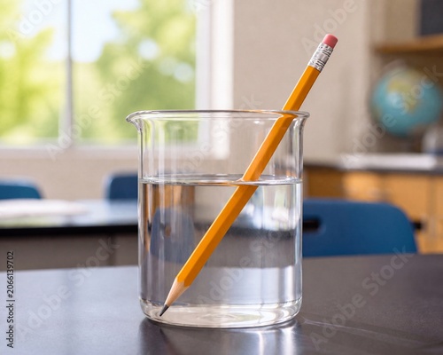 Pencil in Water Beaker Demonstrating Light Refraction in Science Classroom