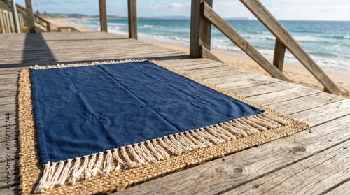 Coastal Wooden Deck with Blue Rug and Ocean View.