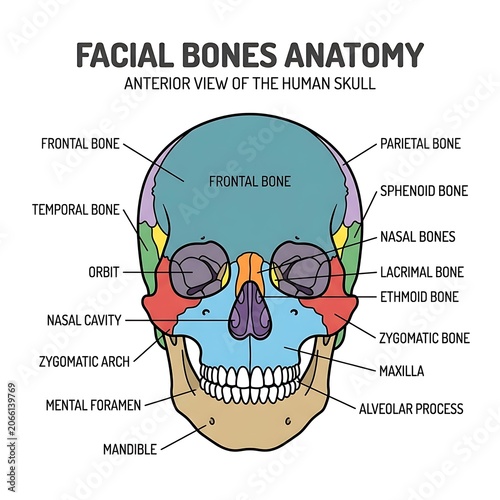 Detailed diagram of human facial bones anatomy.