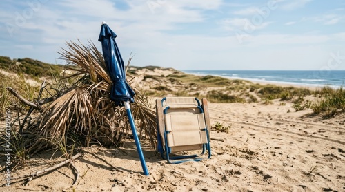 Beach Scene with Blue Umbrella and Lounge Chair on Sandy Shore.