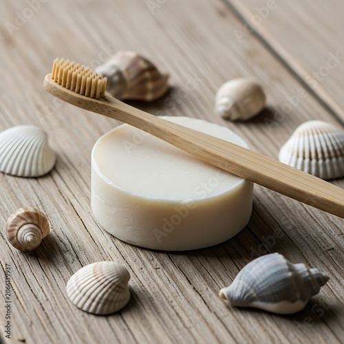 A bamboo toothbrush rests on a white soap bar surrounded by seashells on a wooden surface