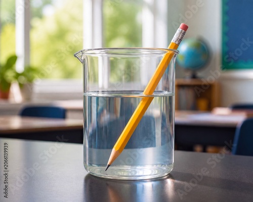 Yellow Pencil in Glass Beaker Demonstrating Light Refraction in Classroom