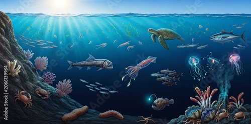 Diverse Marine Life Swimming in Deep Blue Ocean Ecosystem