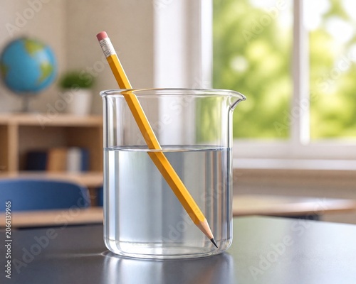 Yellow Pencil in Glass Beaker Demonstrating Light Refraction in Classroom