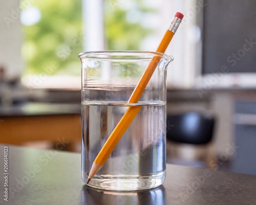 Pencil in Glass Beaker Demonstrating Light Refraction in Science Lab