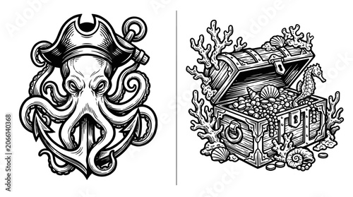 Slika na platnu Pirate Octopus with Anchor & Treasure Chest with Seahorse