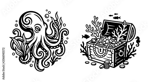 Slika na platnu Octopus and Treasure Chest Illustration