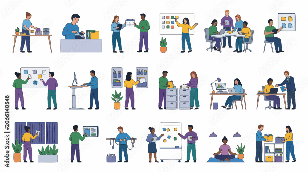Fototapeta premium Flat Vector Illustration Set: Business People at Work, Office Tasks, Productivity, and Collaboration.