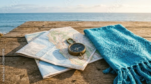 Beach Scene with Towel, Compass, and Sun Protection Items on Wooden Pier.