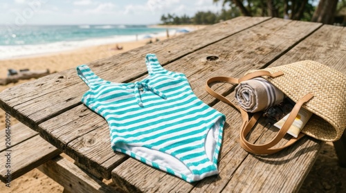Beachside Summer Vacation Essentials with Swimsuit and Bag.